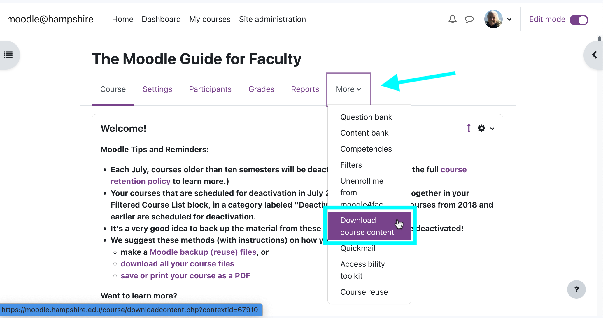 Download instructor Files link in administration block