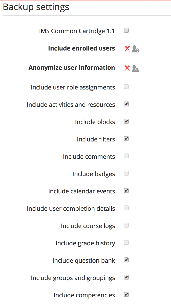 backup settings check boxes; include activities and resources and include question bank checked